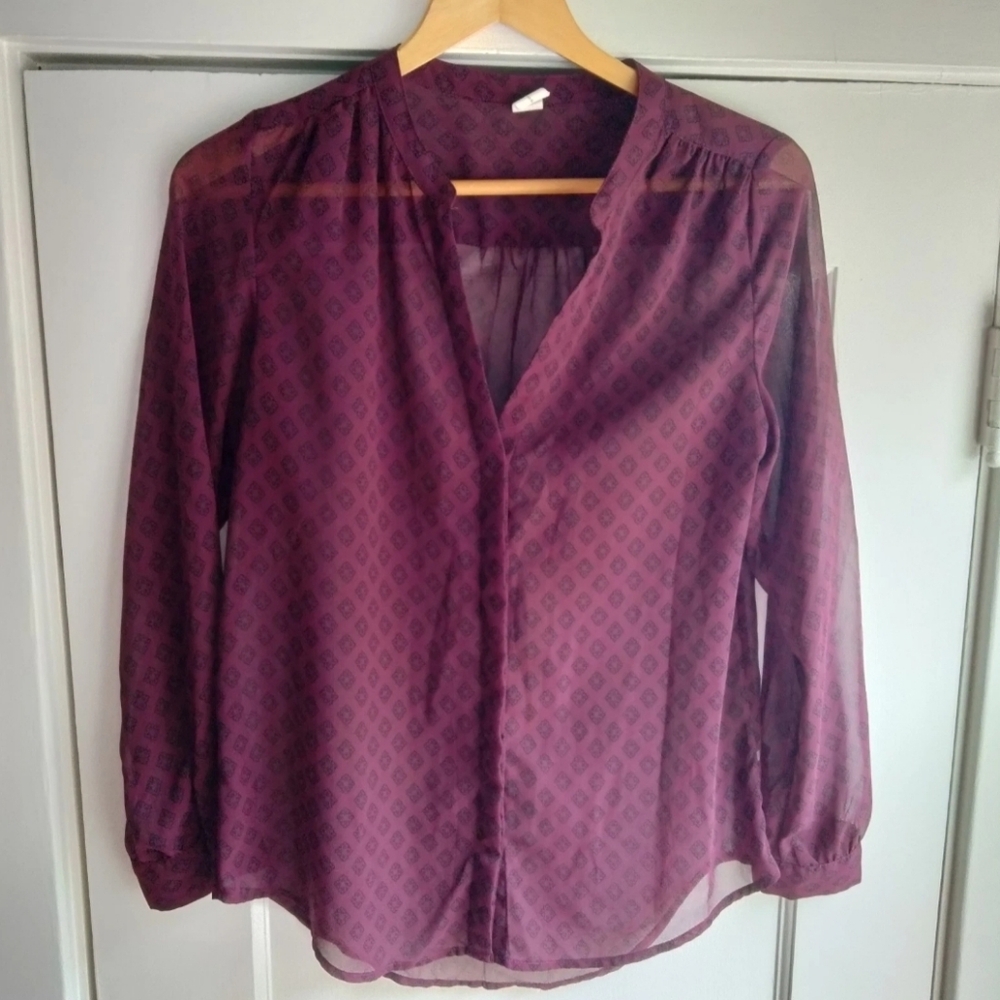 Old Navy Button Down Long Sleeve Sheer Burgundy Shirt Women's Size S